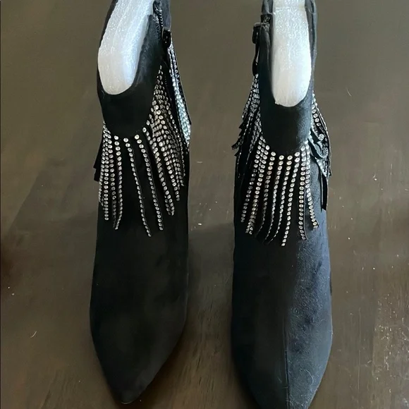 Black Faux Suede Fringe Ankle Boots - Picture 3 of 6